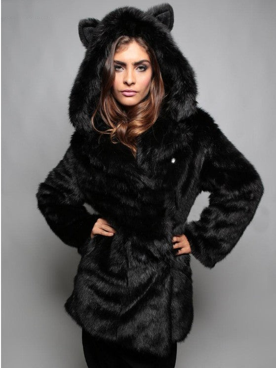 Women's Short Hooded Jacket made of vegan high-pile synthetic fur with cat ears and tailored silhouette Mune Fashion
