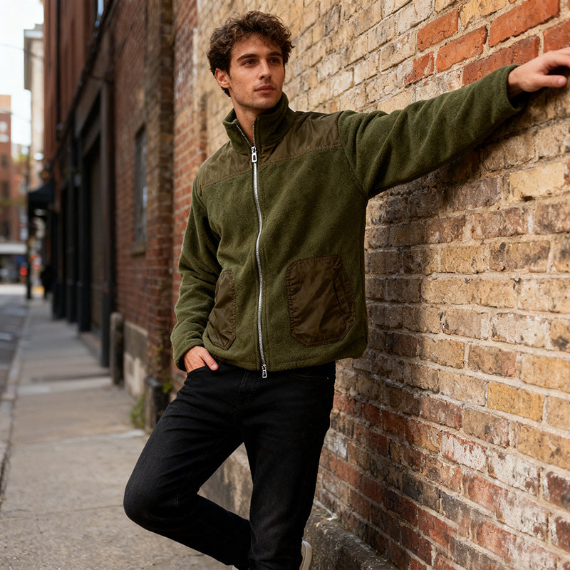 Men's fleece jacket with stand-up collar, two-material panel and zipper Mune Fashion