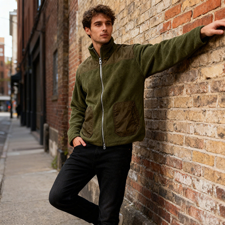 Men's fleece jacket with stand-up collar, two-material panel and zipper Mune Fashion