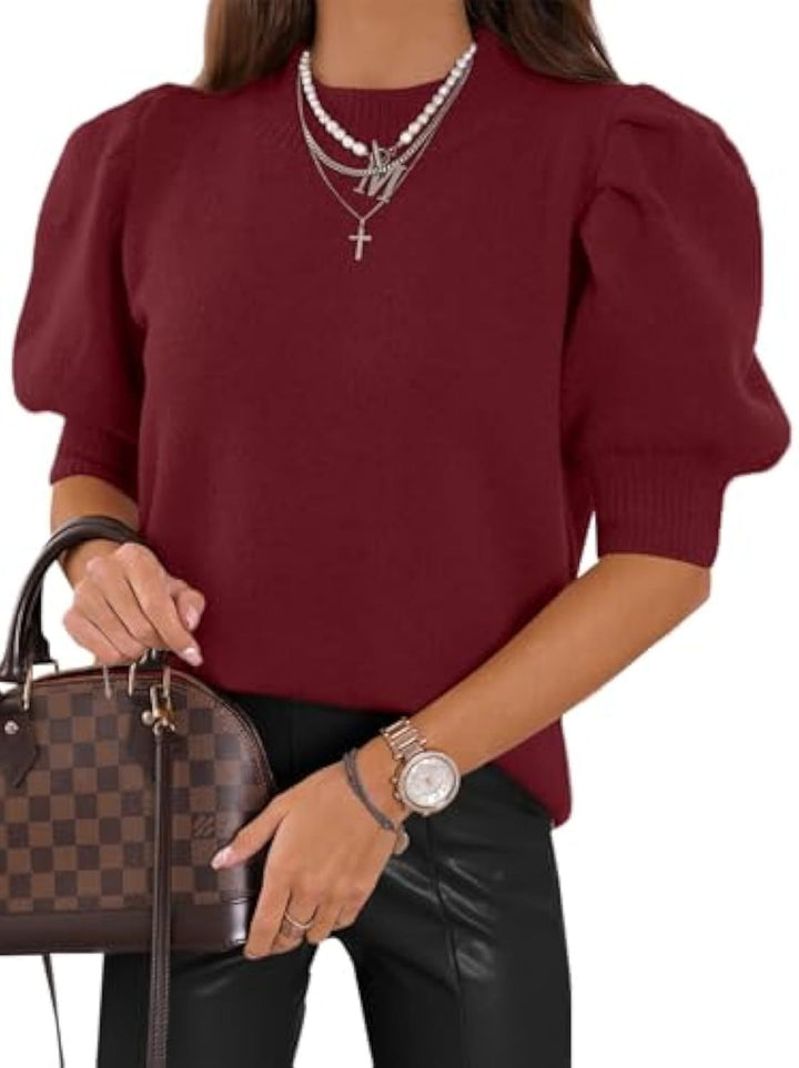 Women's short-cut fine knit sweater with puff sleeves and ribbed cuffs Drune