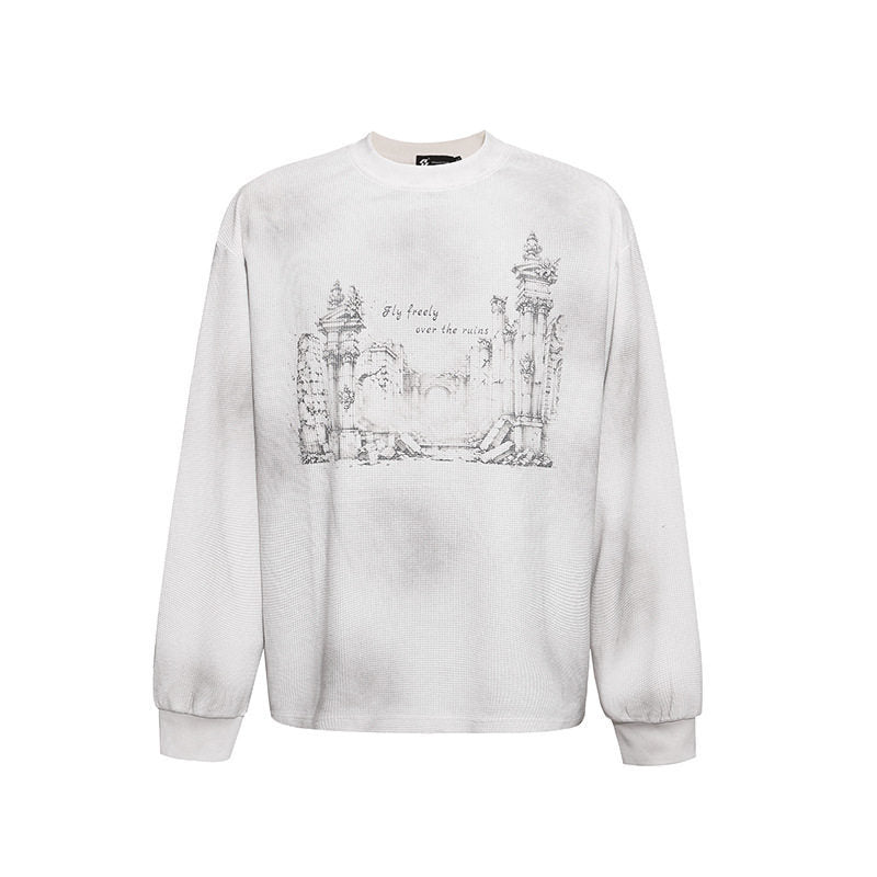 Women’s Oversized Sweatshirt with Waffle Texture, Round Neck and Ruins Sketch Print Mune Fashion