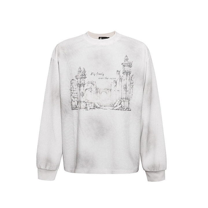 Women’s Oversized Sweatshirt with Waffle Texture, Round Neck and Ruins Sketch Print Mune Fashion