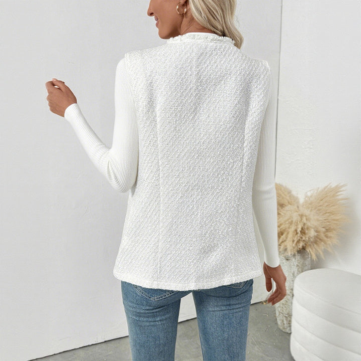 Women's Boucle Vest with Decorative Buttons, Fringe Trim and Pockets Mune Fashion