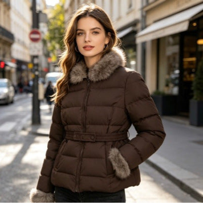Women's short tailored winter quilted jacket with removable faux fur collar, tonal waist straps and concealed two-way zipper Mune Fashion
