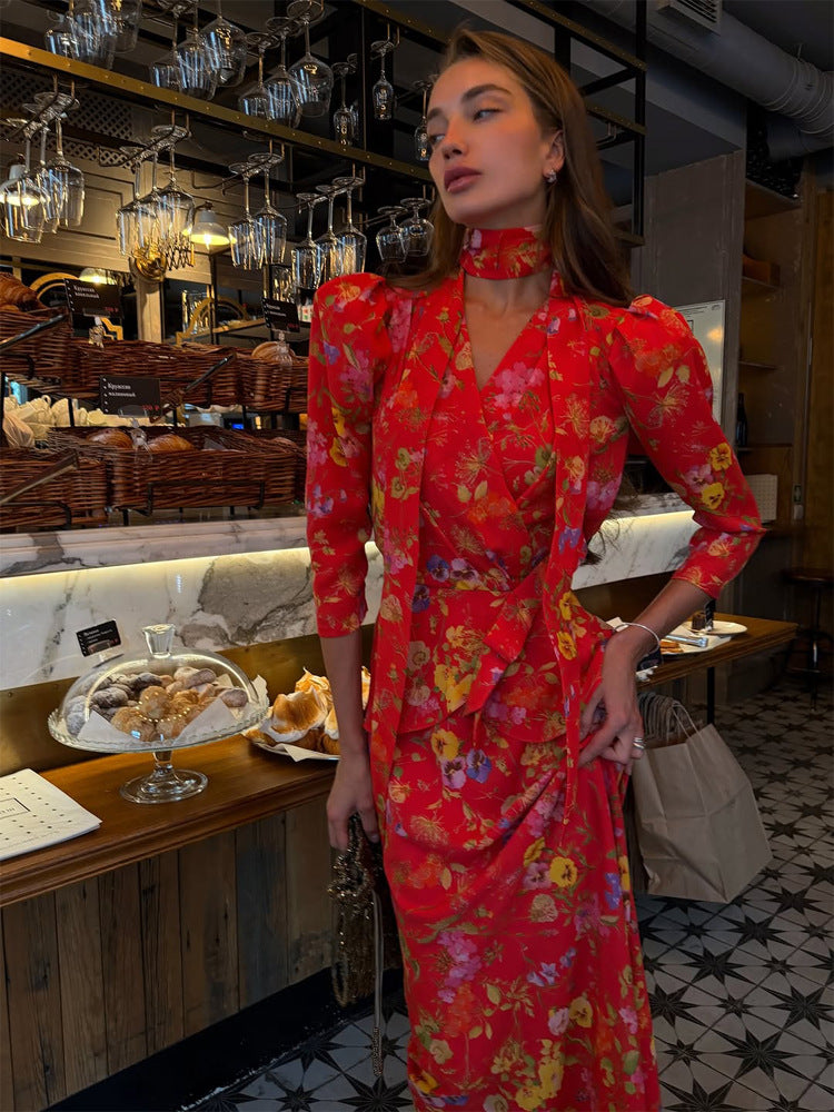 Women's Wrap Maxi Dress with Floral Print, Puff Sleeves and Shawl Collar Mune Fashion