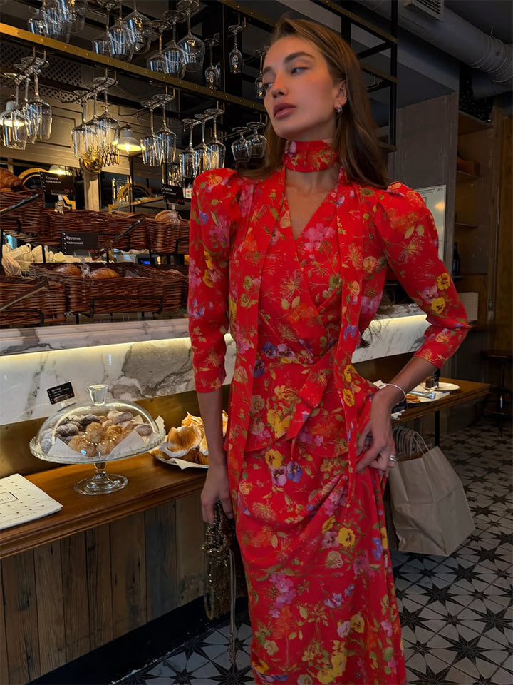 Women's Wrap Maxi Dress with Floral Print, Puff Sleeves and Shawl Collar Mune Fashion