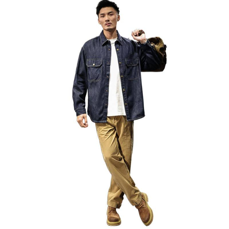Men's Jeans Worker Shirt Jacket with Snap Button Closure and Overshirt Cut Mune Fashion