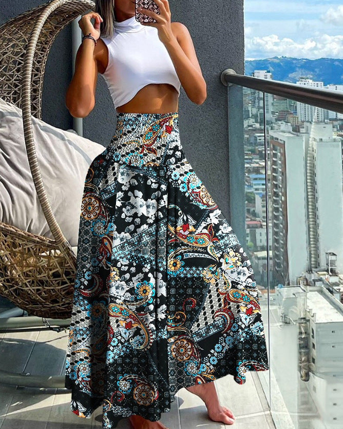 Women’s Maxi Skirt with High Smock Waist and Wide Boho Print Mune Fashion
