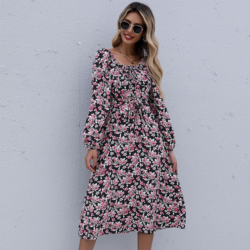 Women's midi dress with floral tiered skirt, gathered neckline & waist drawstring Mune Fashion
