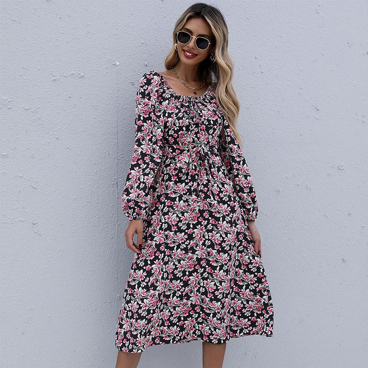 Women's midi dress with floral tiered skirt, gathered neckline & waist drawstring Mune Fashion