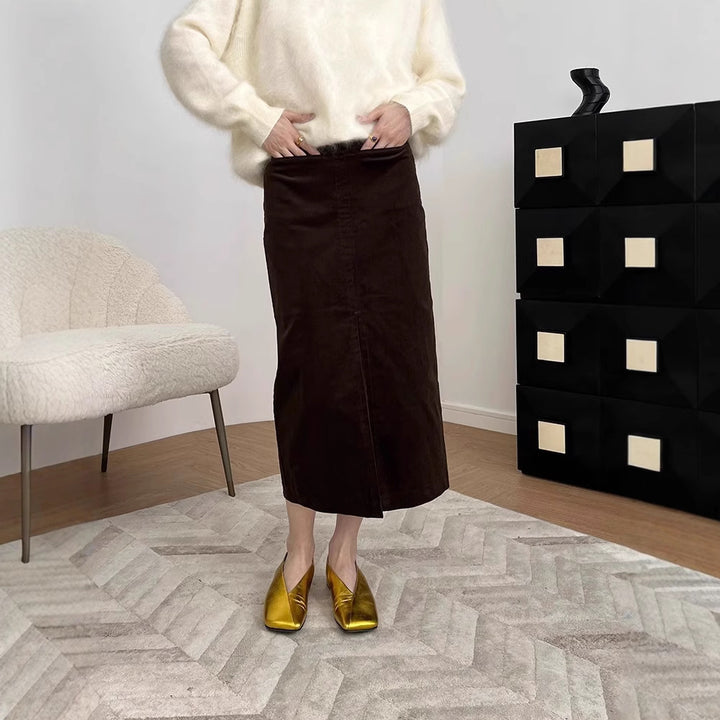 Women Elegant Cord Midi Skirt with Slit Mune Fashion