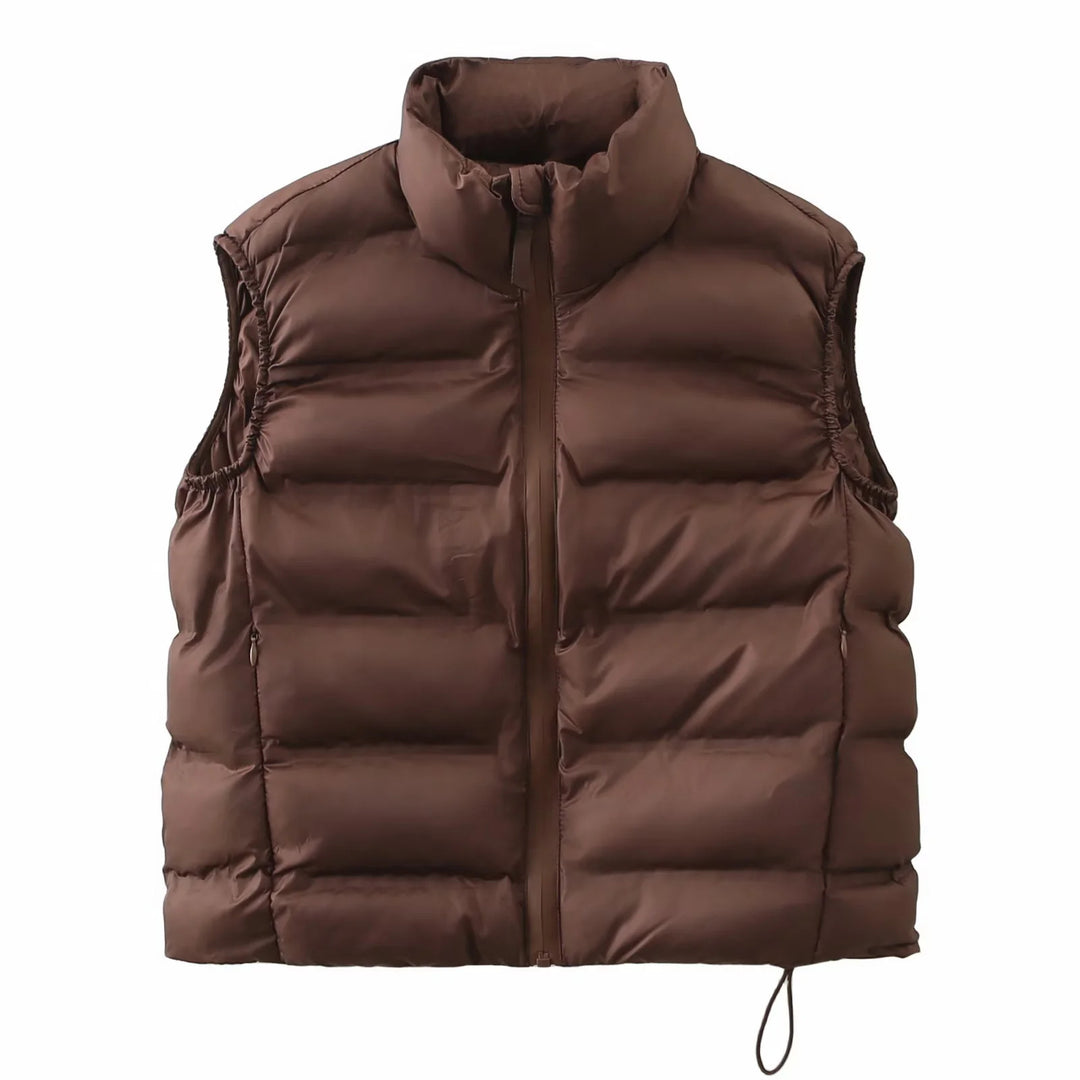 Ladies nan quilted thermal vest with high stand-up collar, side zip pockets, and adjustable hem Mune Fashion