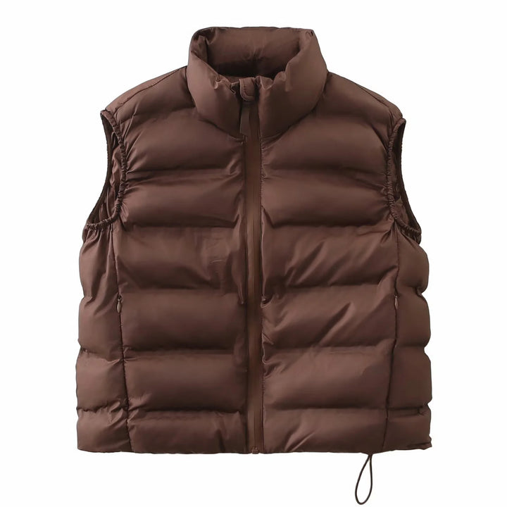 Ladies nan quilted thermal vest with high stand-up collar, side zip pockets, and adjustable hem Mune Fashion