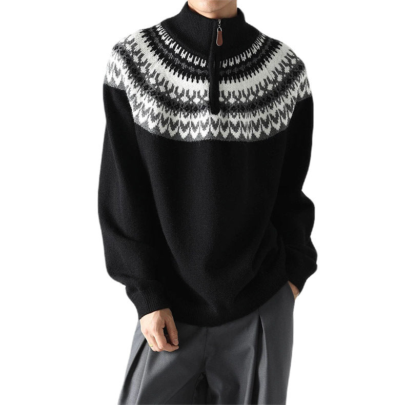 Men's chunky knit pullover with stand-up collar and zipper Mune Fashion