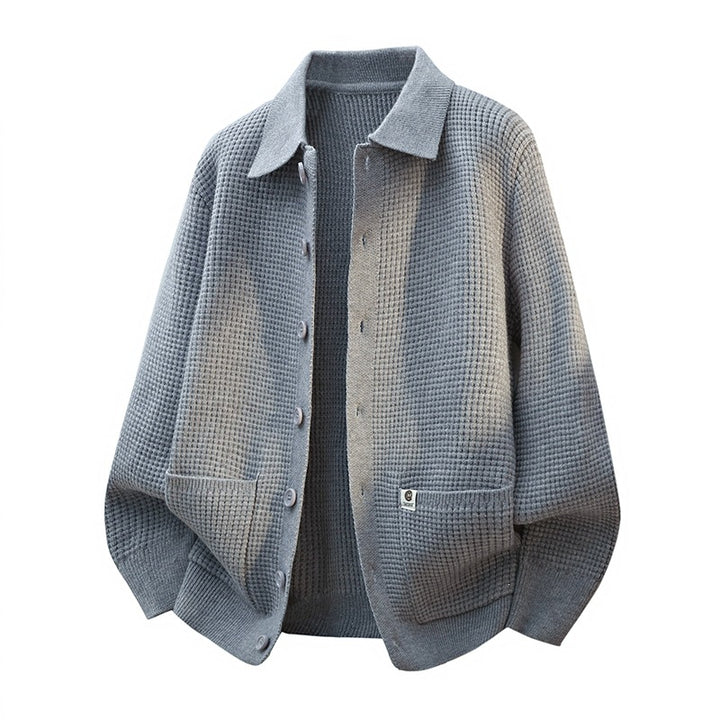 Men's Coarsely Structured Shirt Jacket - Knit Cardigan with Waffle Texture, Shirt Collar & Patch Pockets Mune Fashion