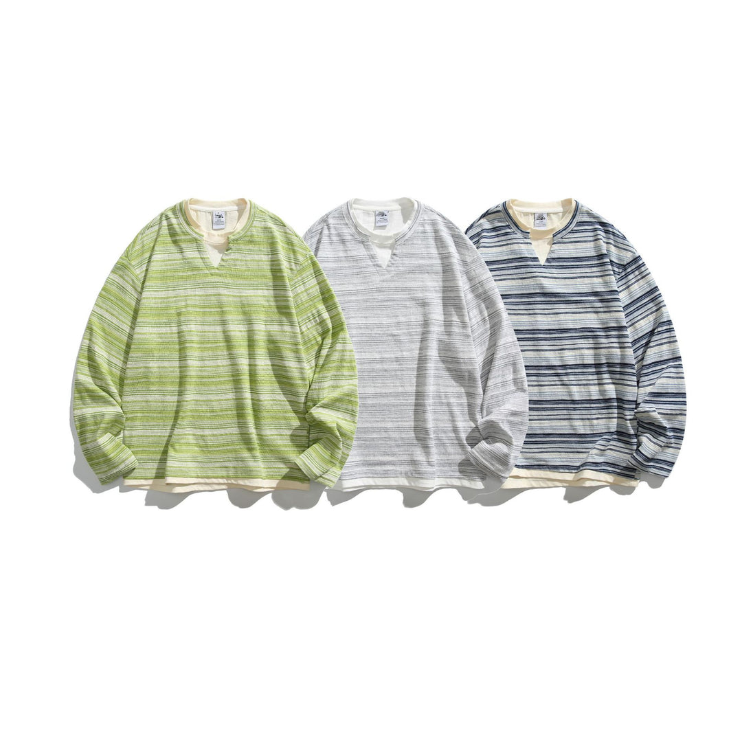 Unisex Striped Long Sleeve Shirt with V-Notch and Layer Effect Mune Fashion