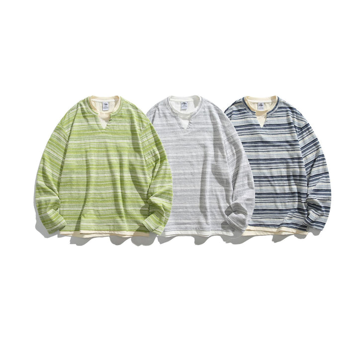 Unisex Striped Long Sleeve Shirt with V-Notch and Layer Effect Mune Fashion