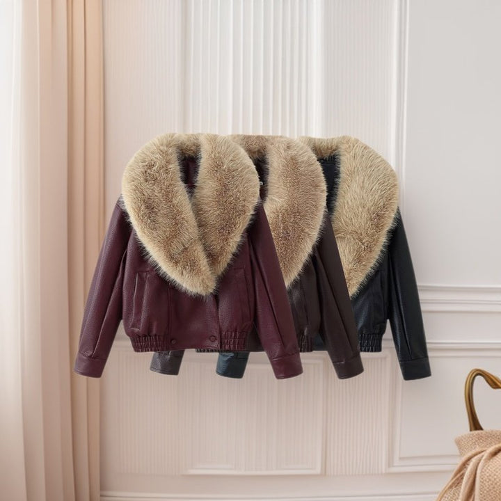 Women's Short-Cut Leather Bomber Jacket with Voluminous Removable Fur Collar Mune Fashion