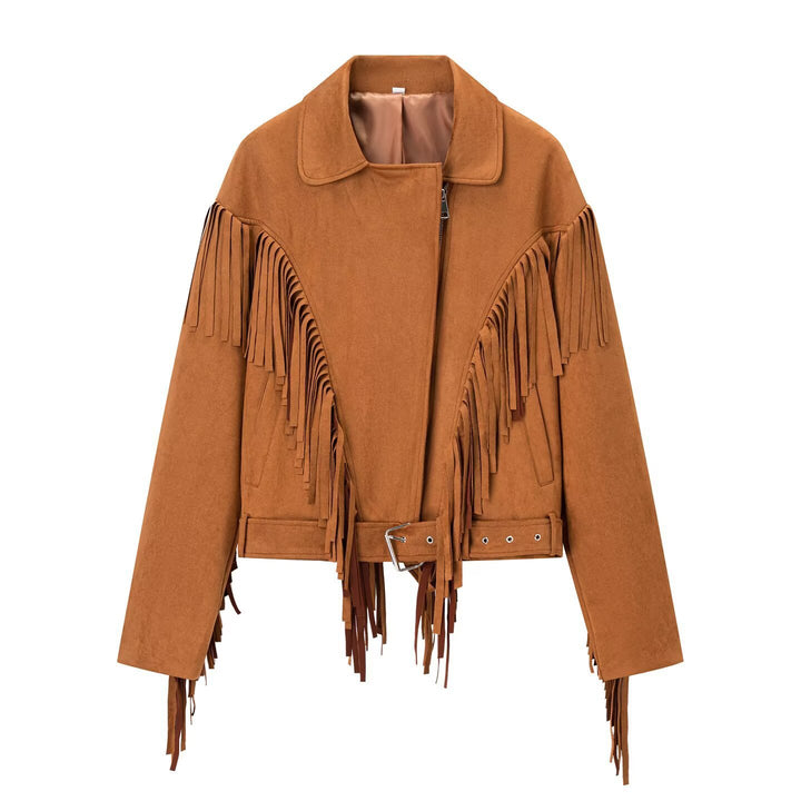 Women's Suede Look Fringe Jacket with Oversized Cut, Waist Belt and Statement Sleeves Mune Fashion