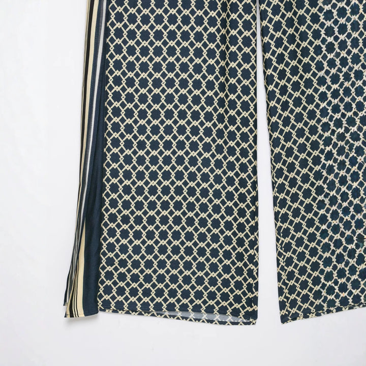Ladies Wide Palazzo Pants with Geometric Allover Print and Side Stripe Drune