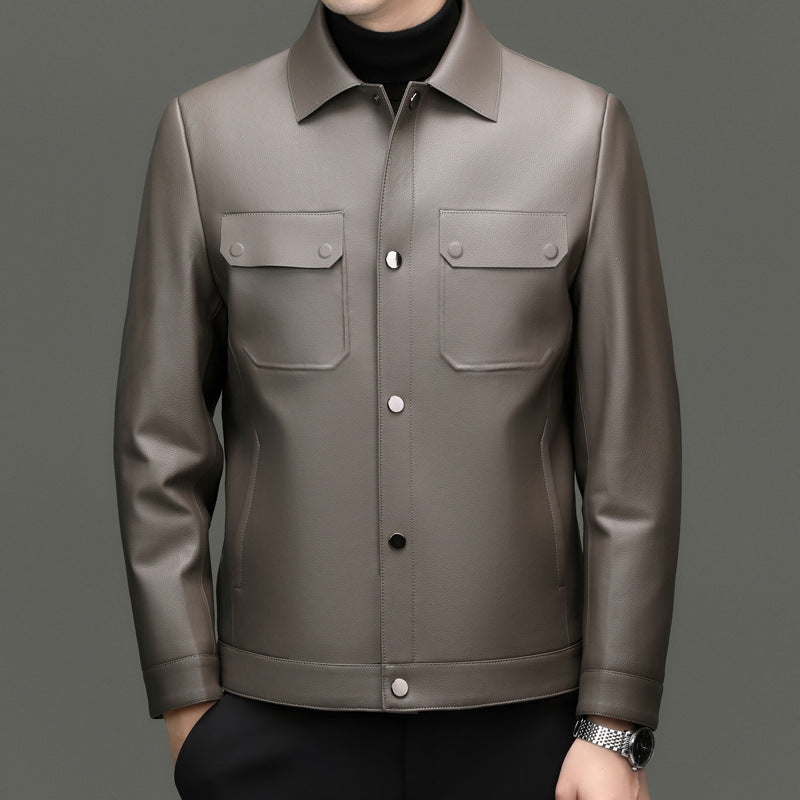 Men's leather jacket in shirt style with snap button closure and patched chest pockets Mune Fashion