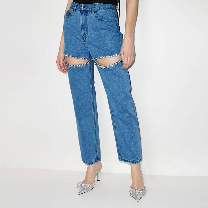 Women's Jeans with Decorative Cut-Outs and Rhinestone Embellishments Mune