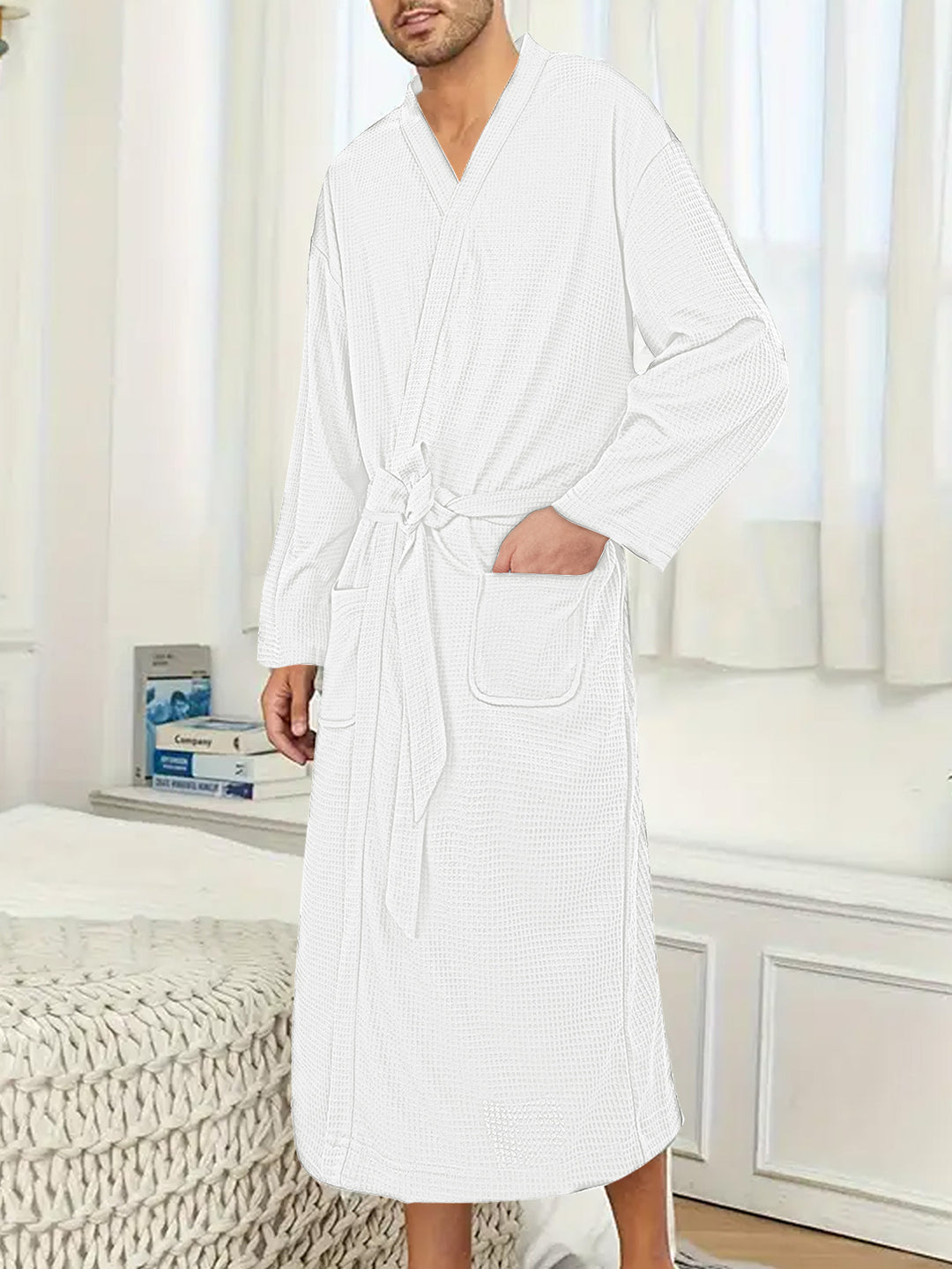 Men's lightweight cotton kimono bathrobe with waffle texture and patch pockets Mune Fashion