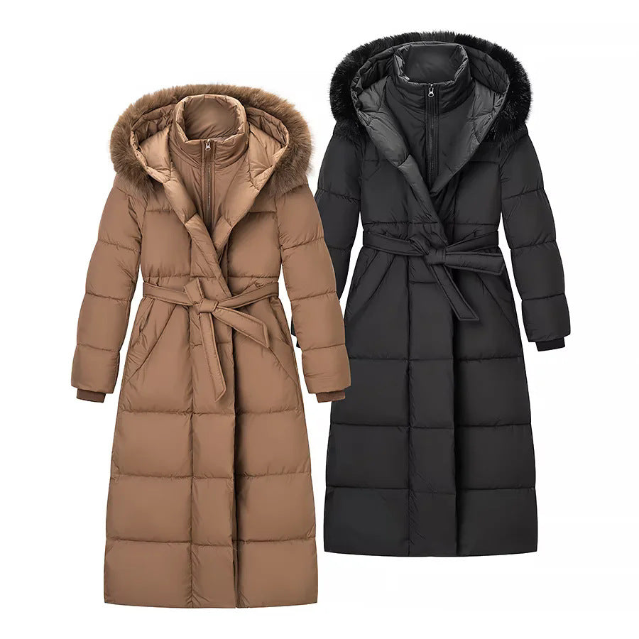 Ladies long cut thermal padded coat with separate inner jacket, hood and tie belt Mune Fashion