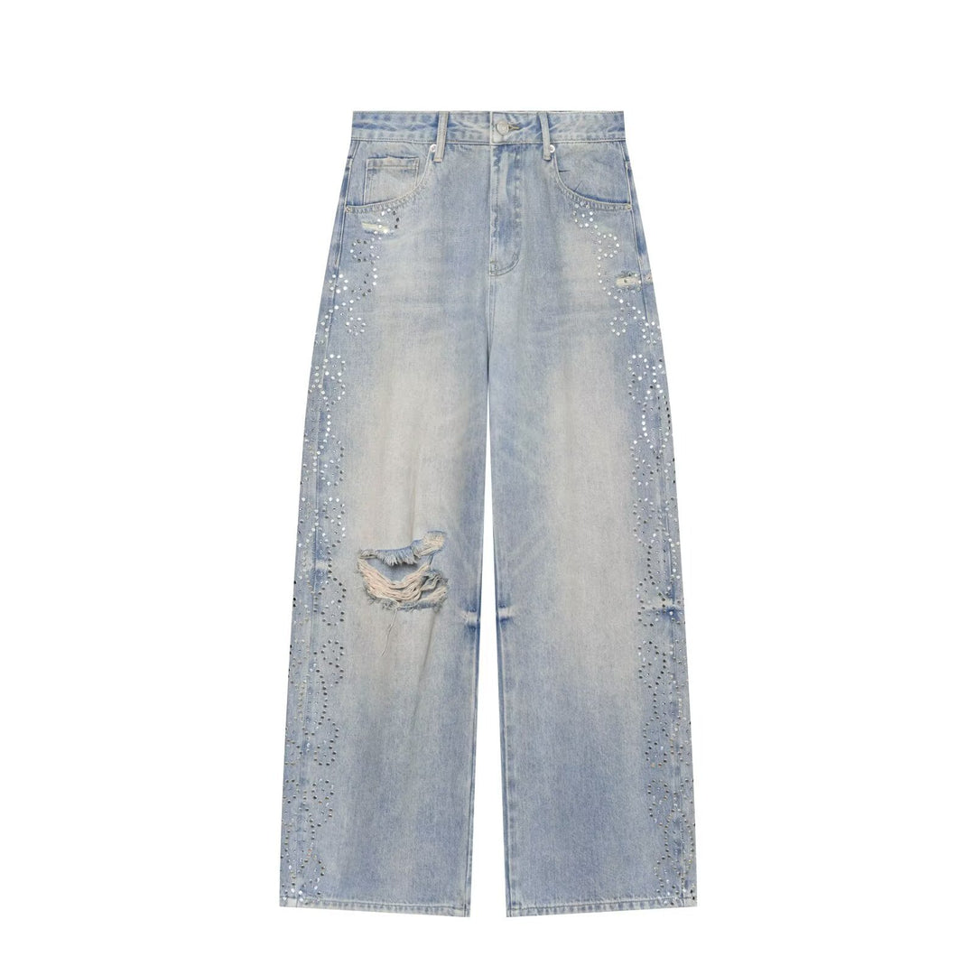 Women's jeans with a high waist, wide leg, rhinestone trim, and destroyed details Mune Fashion