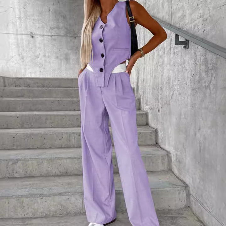 Women Asymmetrical Gilet and Palazzo Pants Set with Pleats and Side Pockets Mune Fashion