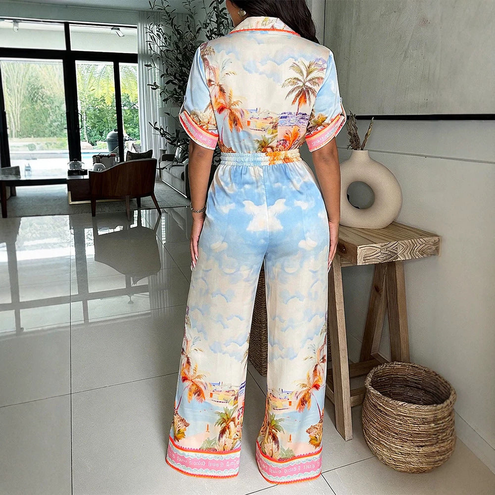 Women's satin jumpsuit with shirt collar, deep V-neck, and wide palazzo leg Drune