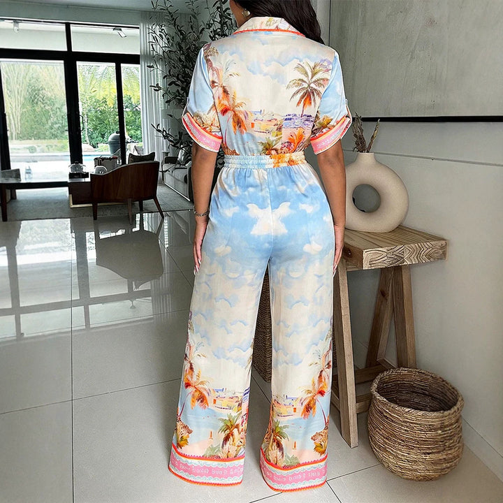 Women's satin jumpsuit with shirt collar, deep V-neck, and wide palazzo leg Drune
