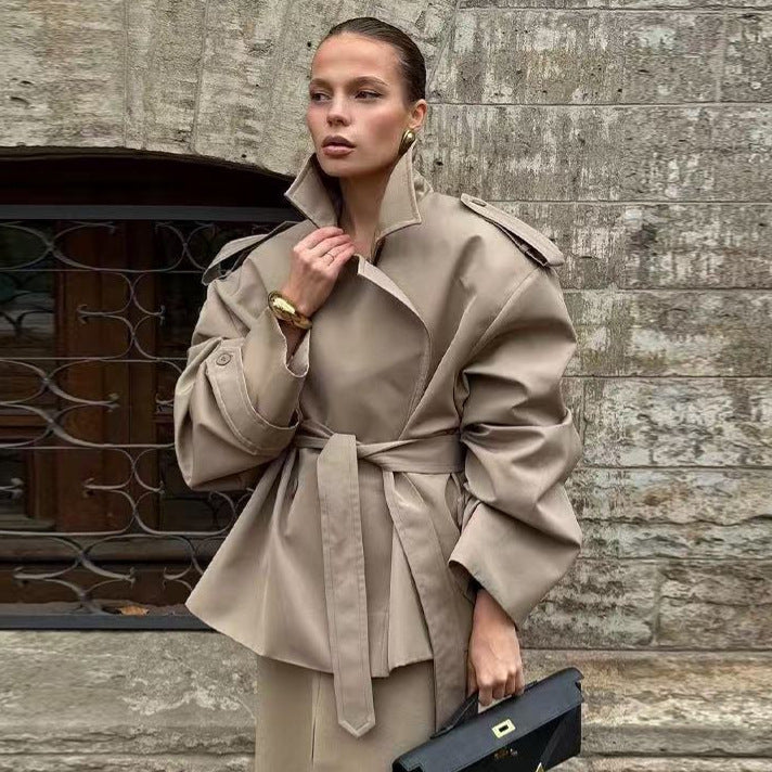 Ladies Short Trench Coat with Ties and Cape Sleeves Mune Fashion