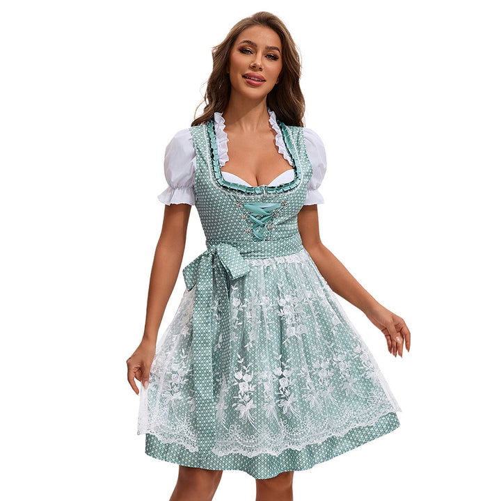 Women's traditional Dirndl dress with heart-shaped neckline, laced waist, and lace apron Mune Fashion
