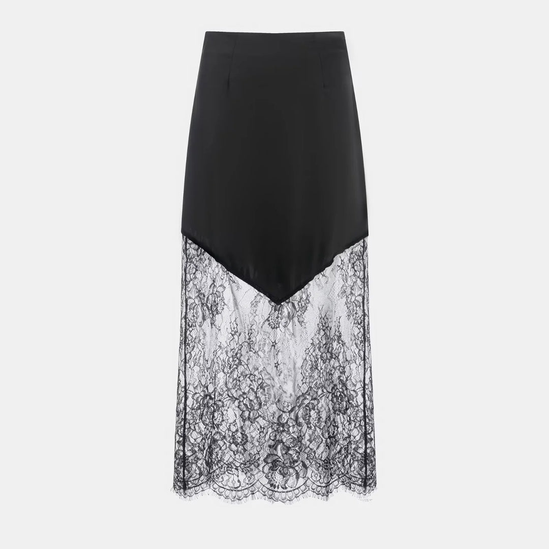 Women's satin skirt with lace overlay and asymmetrical dipped hem Mune Fashion