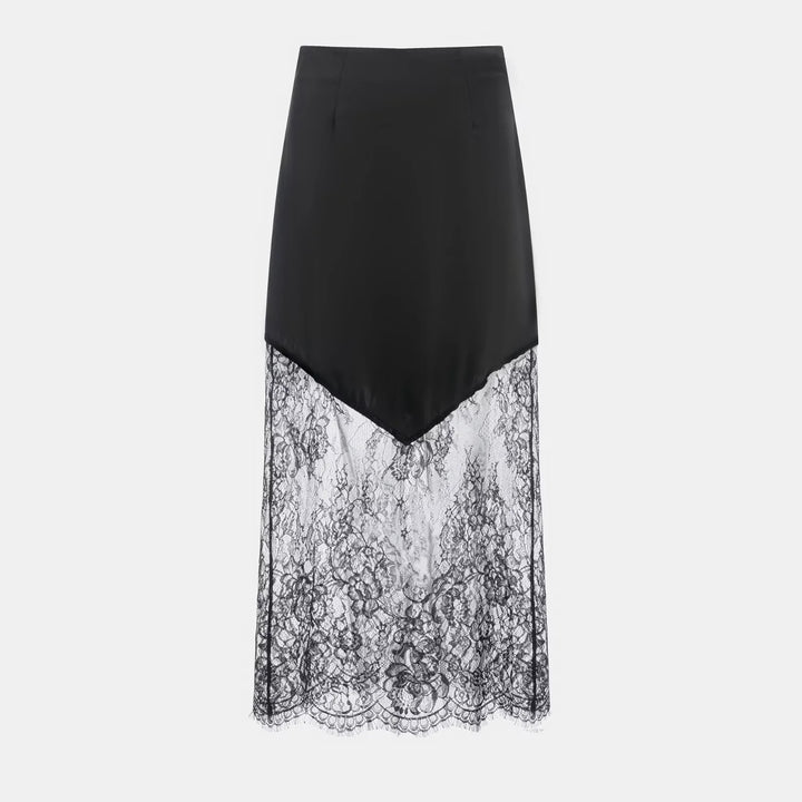 Women's satin skirt with lace overlay and asymmetrical dipped hem Mune Fashion
