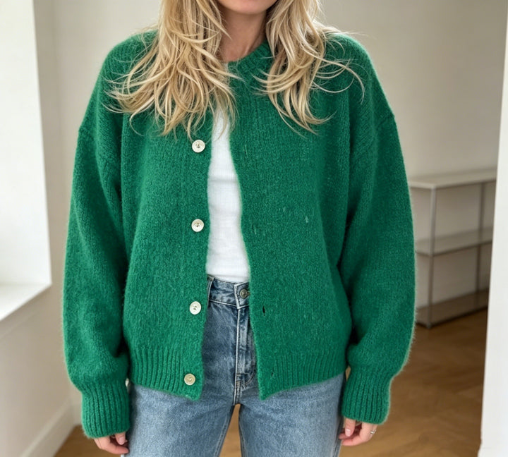 Women's Cozy Mohair-Look Cardigan with Round Neck and Balloon Sleeves Mune Fashion