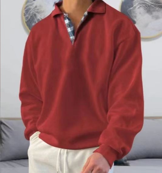 Men's casual long sleeve polo with open V-neck, shirt collar, and check inside placket Mune Fashion