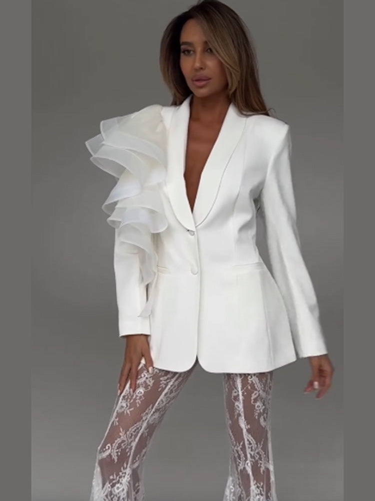 Women's tailored blazer with asymmetrical organza ruffle Mune Fashion