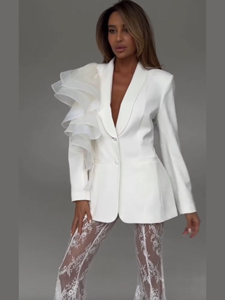 Women's tailored blazer with asymmetrical organza ruffle Mune Fashion