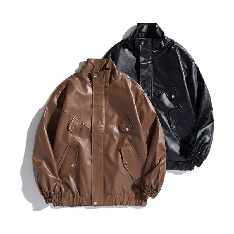 Men's Oversized Faux Leather Bomber Jacket with Stand Collar, Flap Pockets and Elastic Hem Mune Fashion