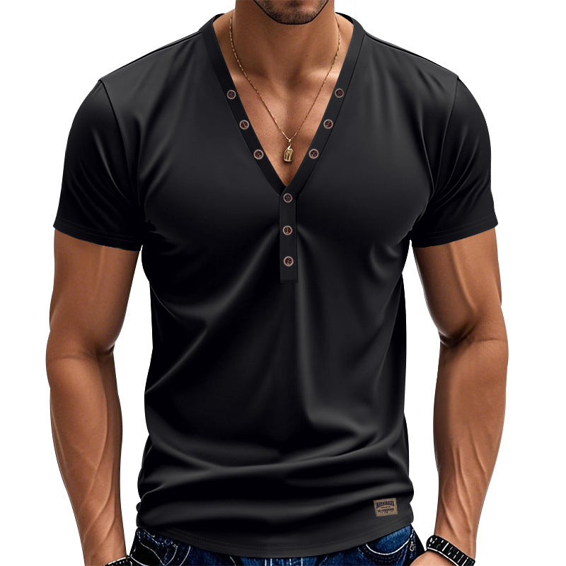 Men's tailored short-sleeve Henley shirt made of cotton-elastane with a deep V-neckline and decorative button placket Mune Fashion