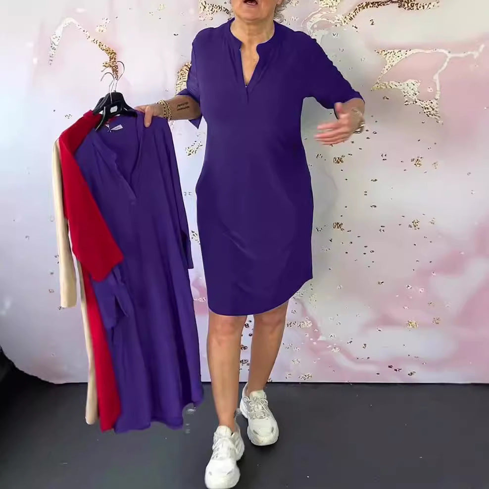 Women's navy knee-length shift dress made of elastic jersey with stand-up collar and V-neck Mune Fashion