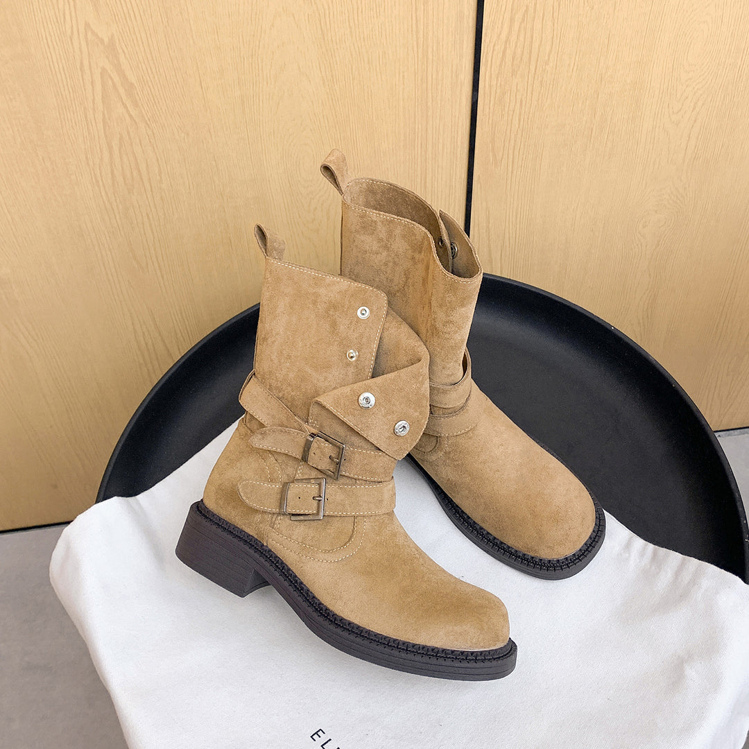 Women's Short Shaft Biker Boot made of Suede with Adjustable Buckles and Distinctive Block Heel Mune Fashion
