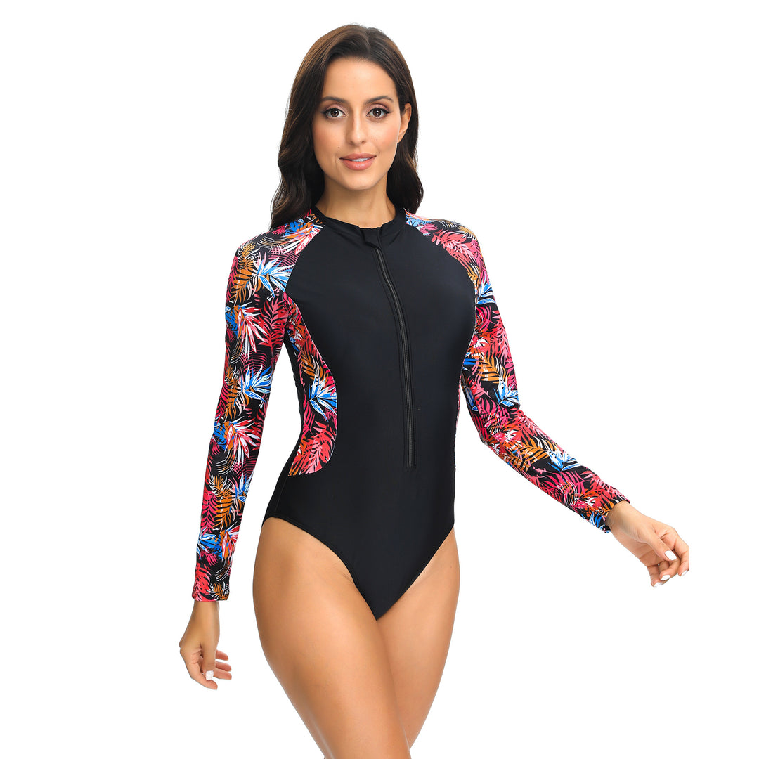 Women’s Long Sleeve Swimsuit with Floral Design and High Collar Mune Fashion