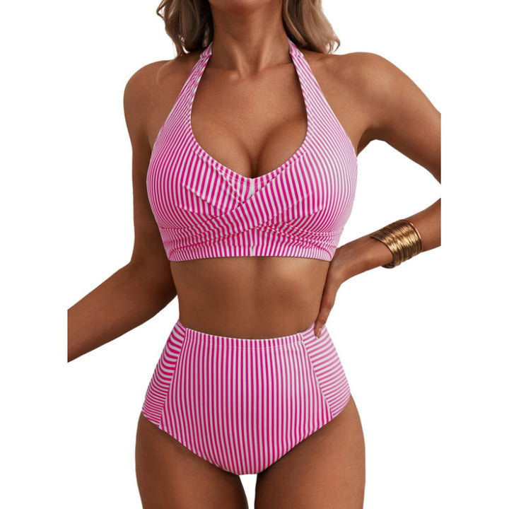 Women High-Waisted Striped Bikini Mune Fashion