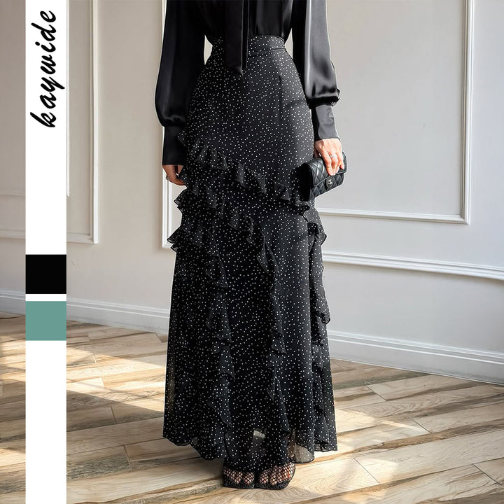 Women's maxi skirt with high waistband, asymmetrical ruffles, and flowing chiffon look Mune Fashion