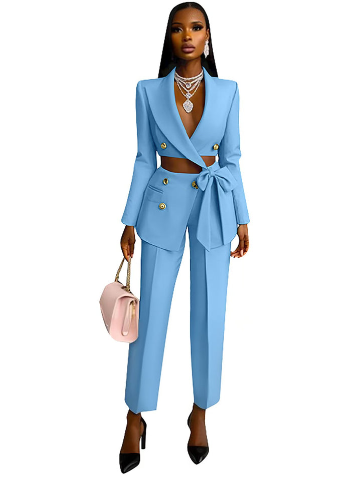 Ladies Tailored Crop Blazer with Decorative Bow, Double Breasted and High Waisted Pants Mune Fashion