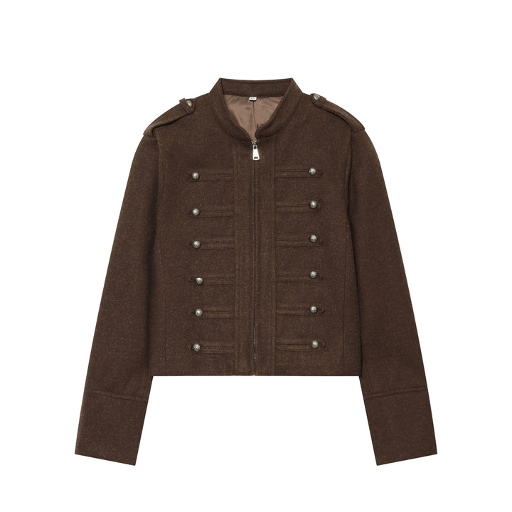 Women's military-inspired wool jacket with stand-up collar zipper and decorative button placket Mune Fashion