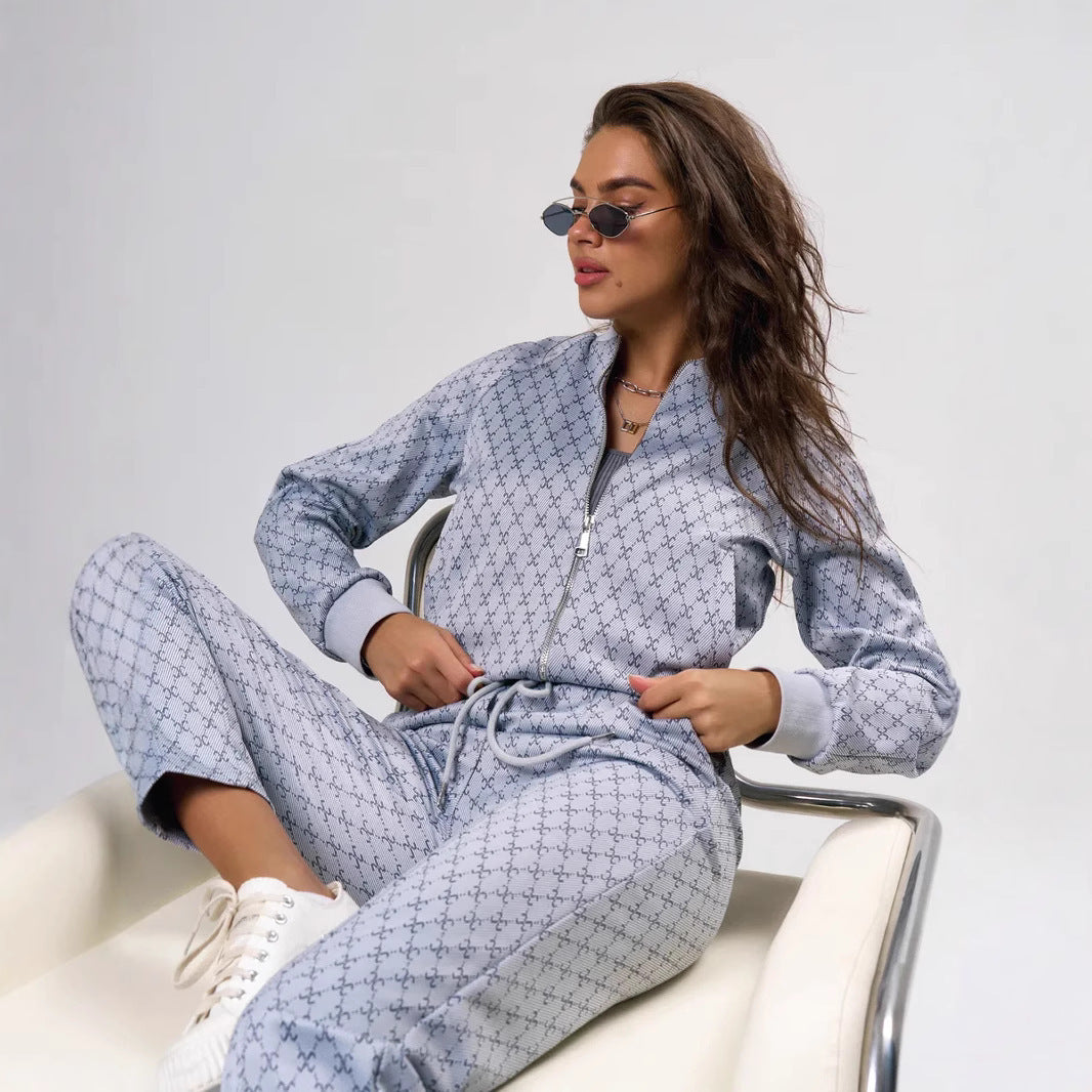 Women's jacquard lounge set with short bomber jacket and high-cut drawstring pants Mune Fashion